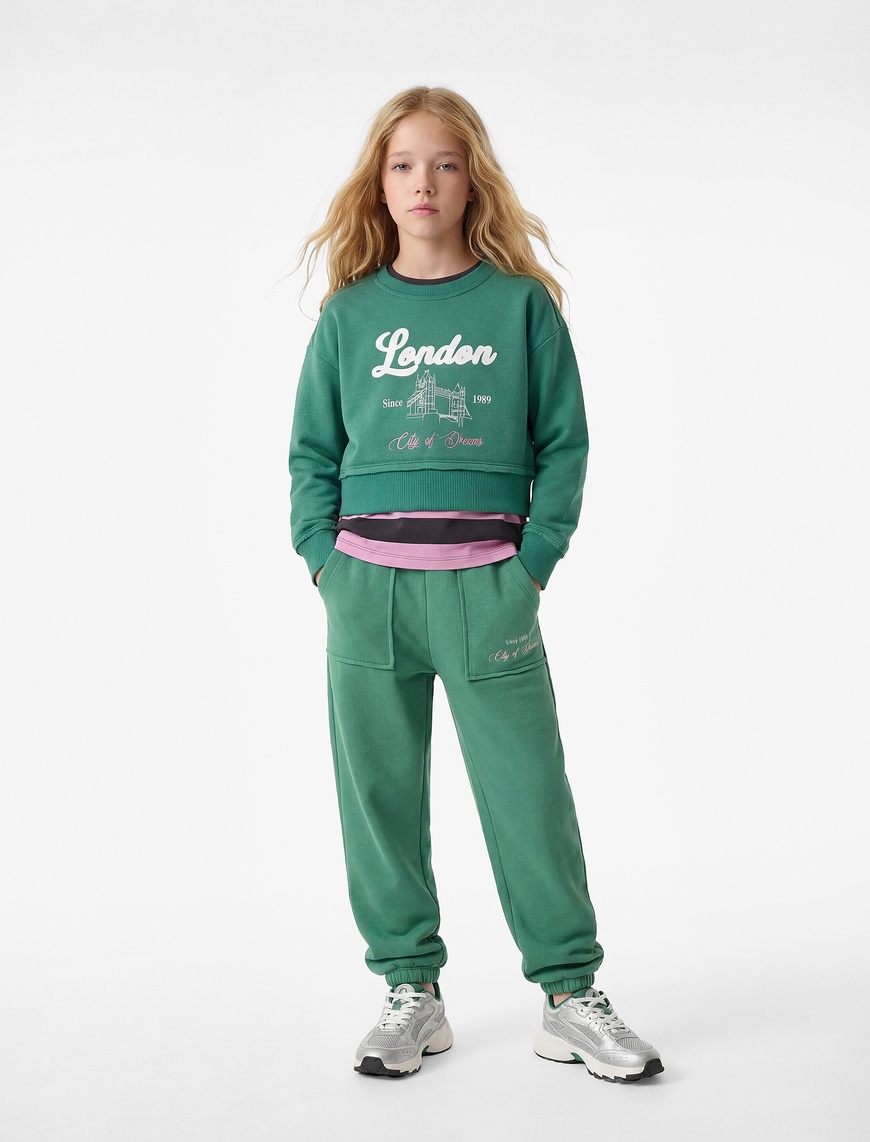 Koton Şardonlu Uzun Kollu Bisiklet Yaka Baskılı Sweatshirt