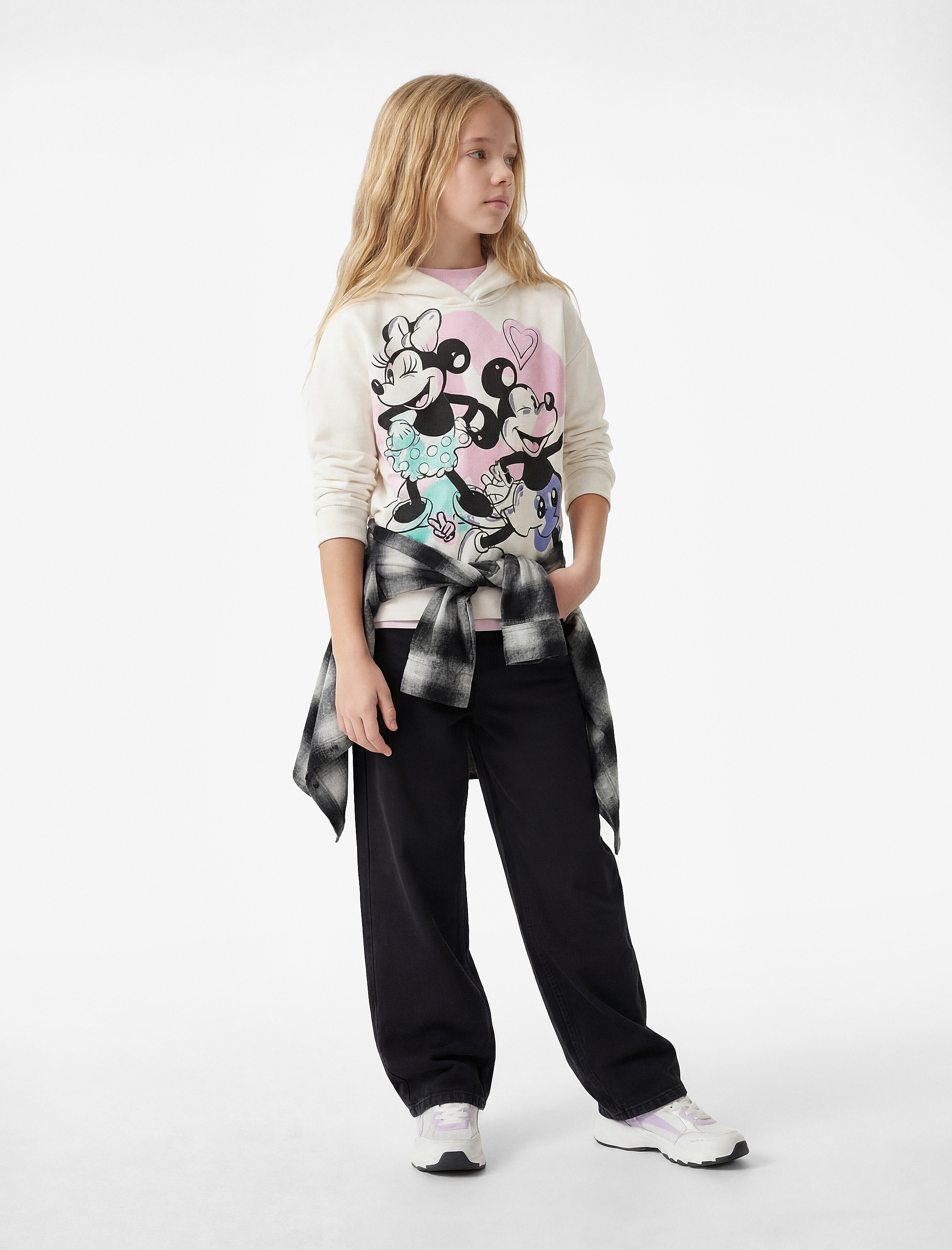  Kız Çocuk Lisanslı Mickey ve Minnie Mouse Baskılı Şardonlu Oversize Kapşonlu  Sweatshirt