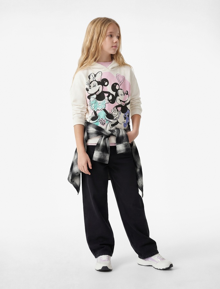 Kız Çocuk Lisanslı Mickey ve Minnie Mouse Baskılı Şardonlu Oversize Kapşonlu  Sweatshirt