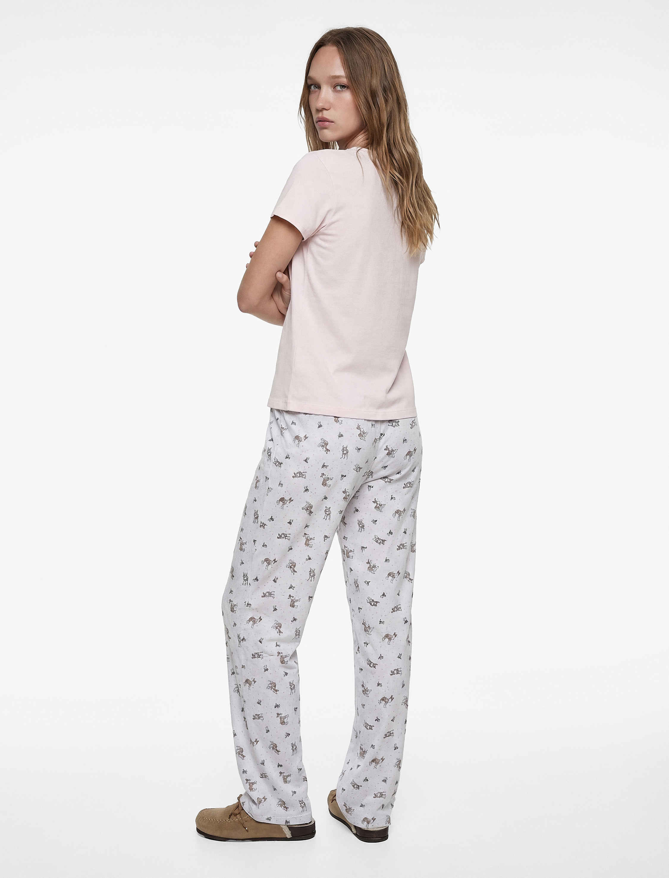   Bisiklet Yaka Kısa Kollu Baskılı Pamuklu Pijama Takımı