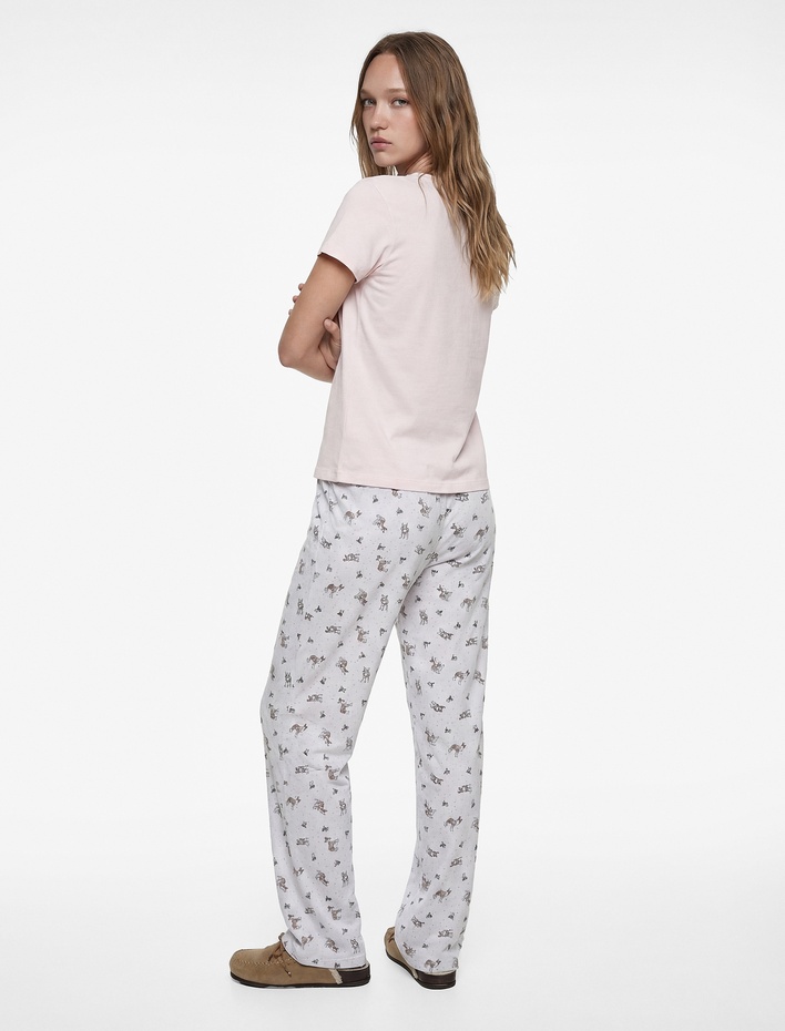  Bisiklet Yaka Kısa Kollu Baskılı Pamuklu Pijama Takımı