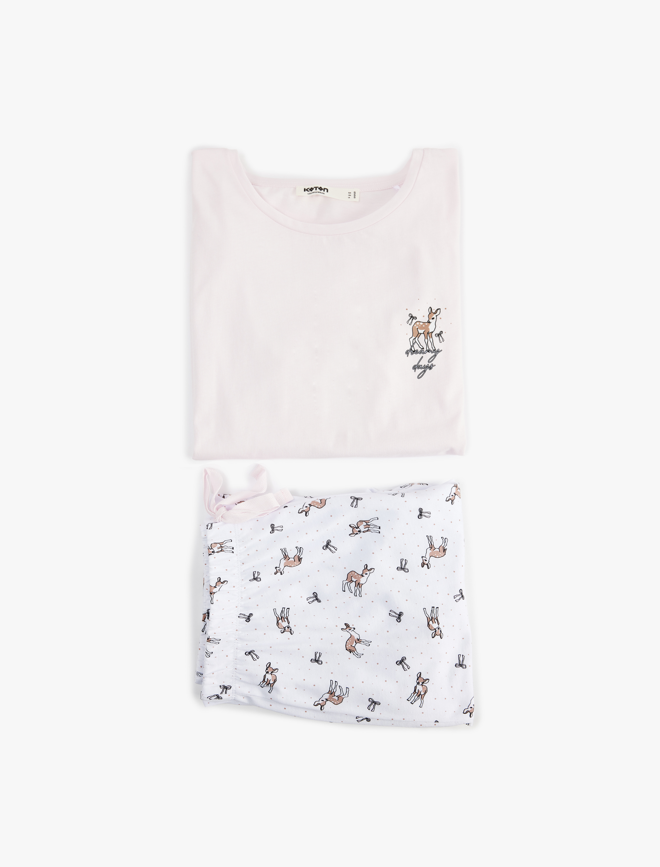   Bisiklet Yaka Kısa Kollu Baskılı Pamuklu Pijama Takımı