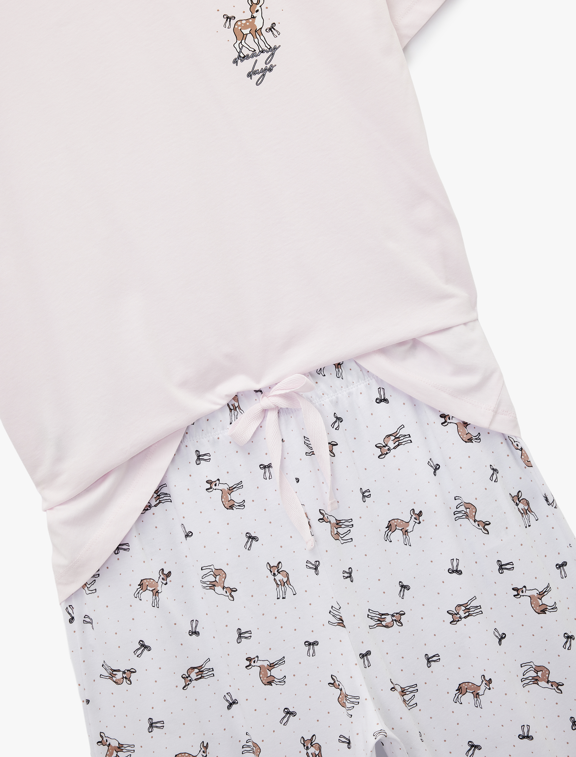   Bisiklet Yaka Kısa Kollu Baskılı Pamuklu Pijama Takımı