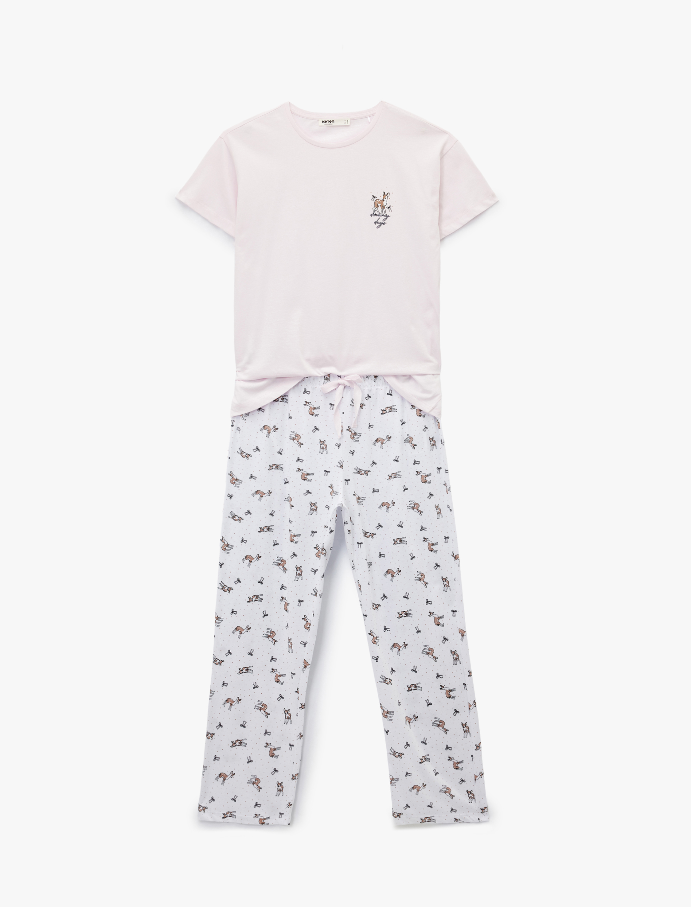   Bisiklet Yaka Kısa Kollu Baskılı Pamuklu Pijama Takımı