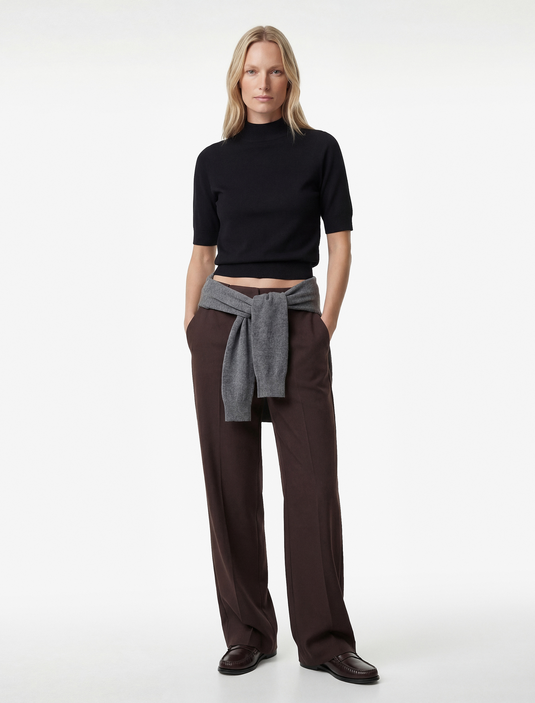   Beli Bağcıklı Bağlamalı Cepli Düz Geniş Paça Kumaş Pantolon