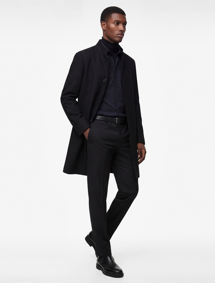  Regular Fit Cepli Düğmeli Uzun Dik Yaka Kaşe Kaban