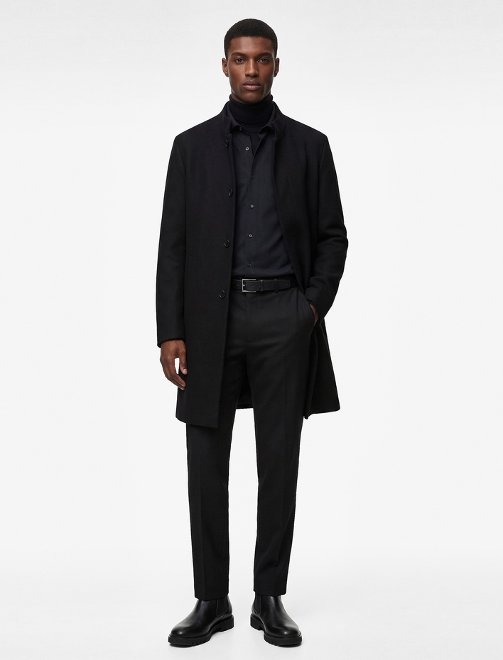  Regular Fit Cepli Düğmeli Uzun Dik Yaka Kaşe Kaban