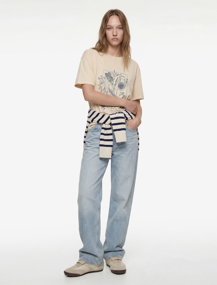  Pamuklu Kısa Kollu Bisiklet Yaka Kuru Kafa Baskılı Oversize Tişört