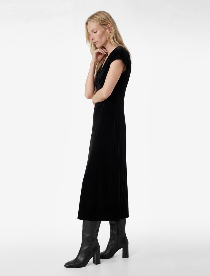  Slim Fit Kısa Yarasa Kollu Kruvaze V Yaka Midi Boy Kadife Elbise