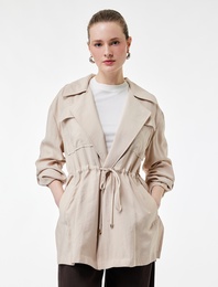 Modal Kumaş Uzun Kollu Kapaklı Cep Detaylı Bağlama Detaylı Oversize Ceket