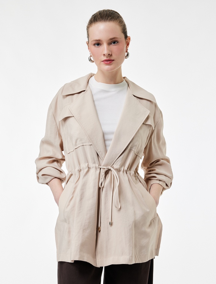  Modal Kumaş Uzun Kollu Kapaklı Cep Detaylı Bağlama Detaylı Oversize Ceket