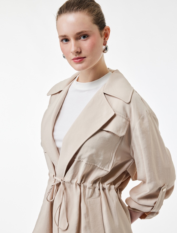  Modal Kumaş Uzun Kollu Kapaklı Cep Detaylı Bağlama Detaylı Oversize Ceket