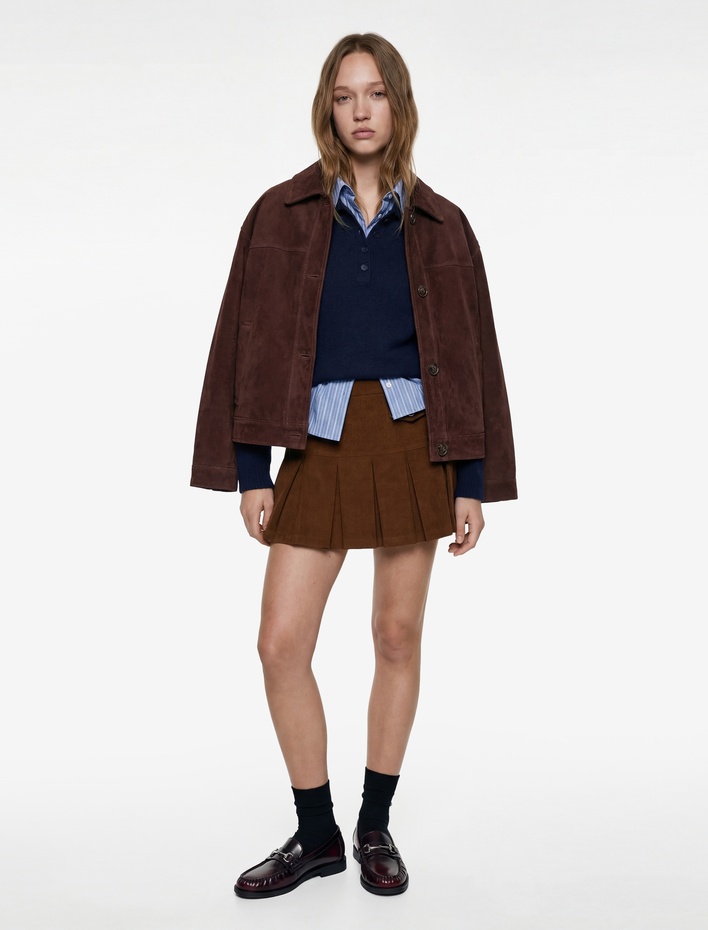  Metal Aksesuarlı Cep Detaylı Kalın Piliseli Mini Etek