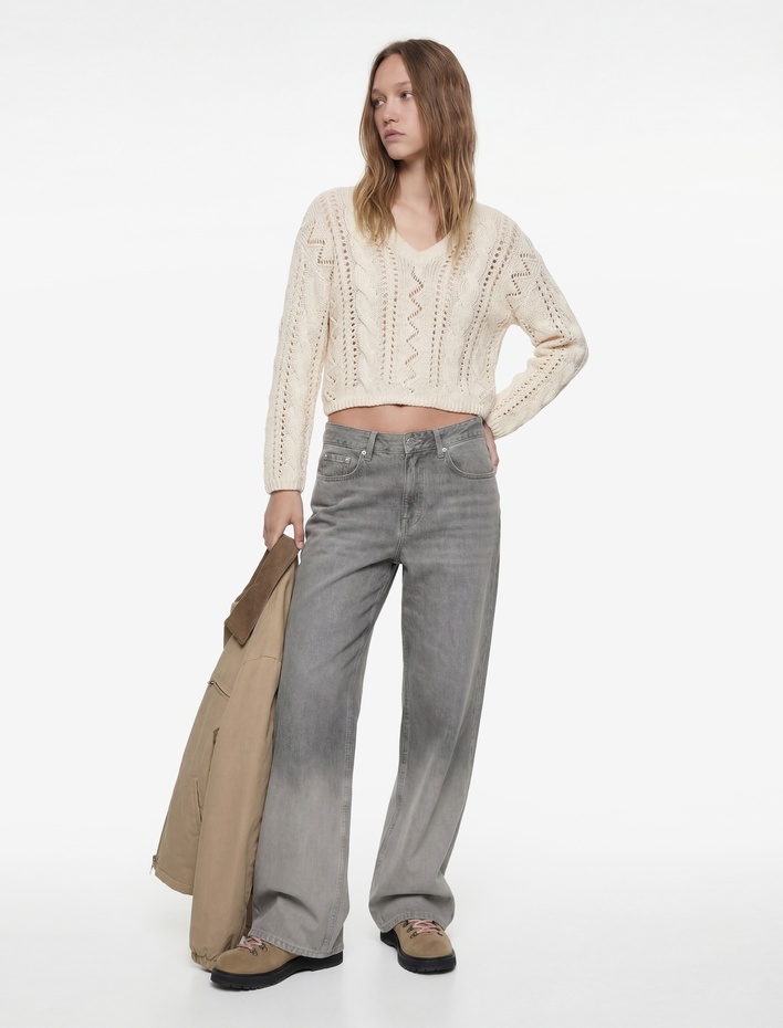  Ajurlu V Yaka Uzun Kollu Triko Kazak