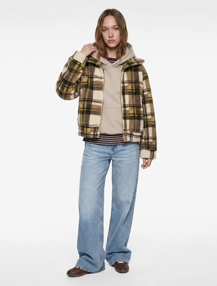  Cepli Fermuarlı Uzun Kollu Rahat Kalıp Dik Yaka Ekoseli Peluş Hırka