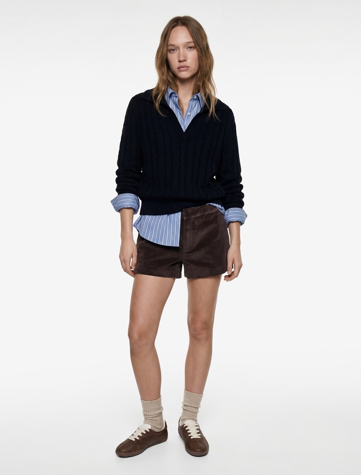  Saç Örgü Dokulu Uzun Kollu Triko Polo Yaka Kazak