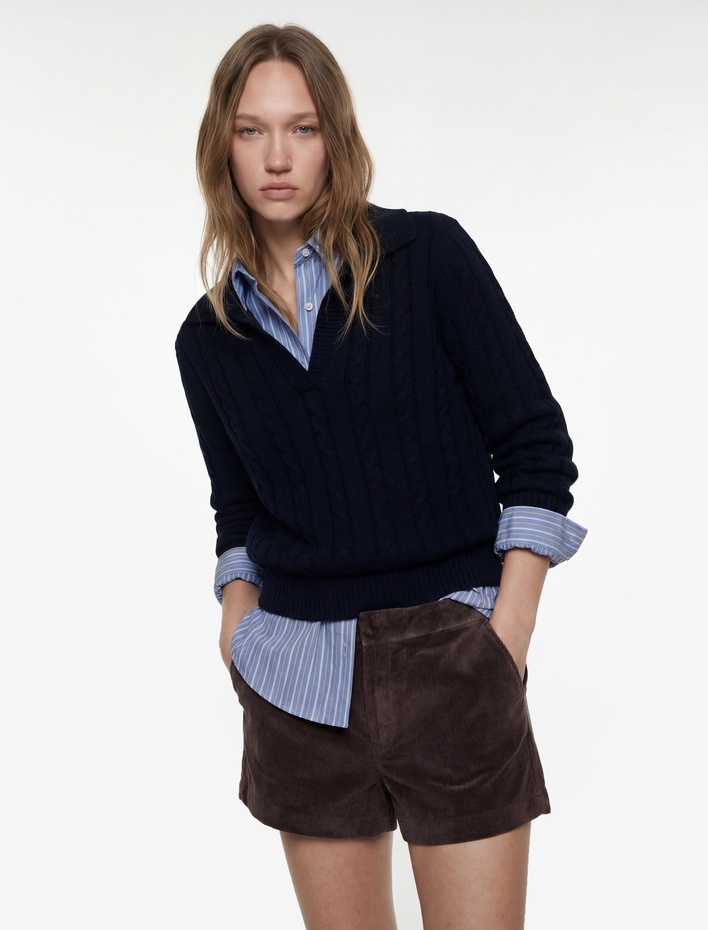  Saç Örgü Dokulu Uzun Kollu Triko Polo Yaka Kazak