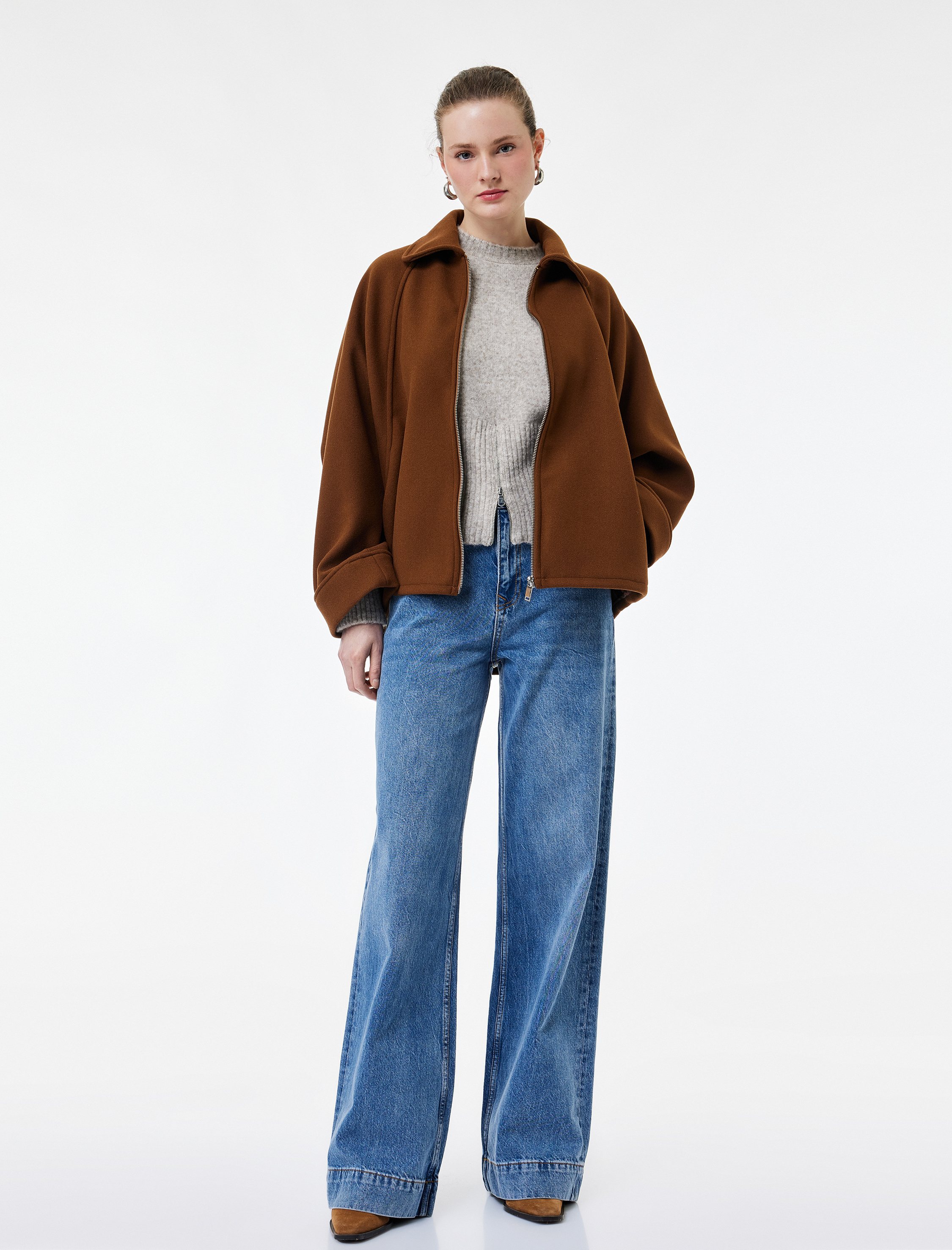   Düğmeli Cepli Regular Fit Pamuklu Geniş Paça Jean Pantolon -  Wide Leg Jeans