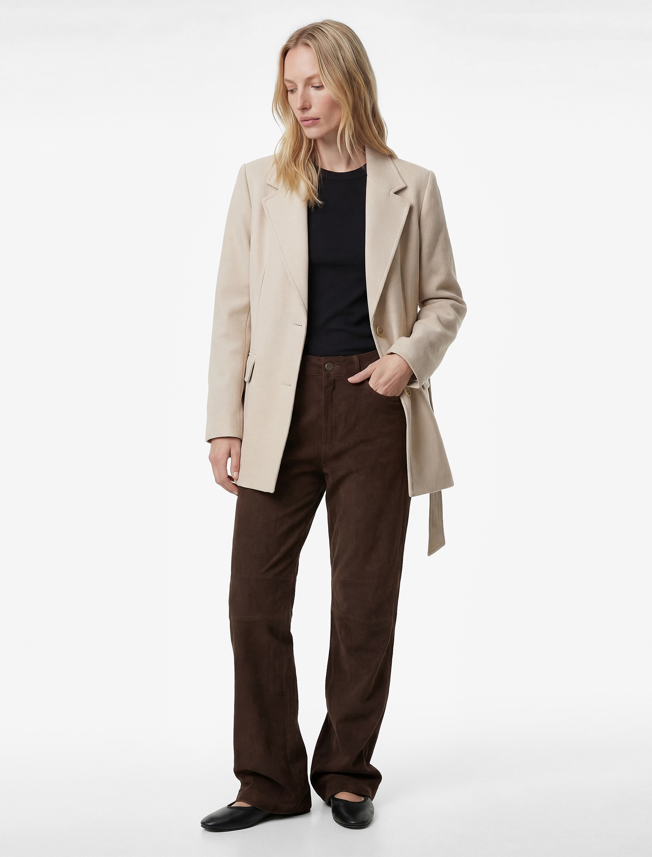   Kısa Kaban Kaşe Kemerli Cepli Kruvaze Uzun Kollu