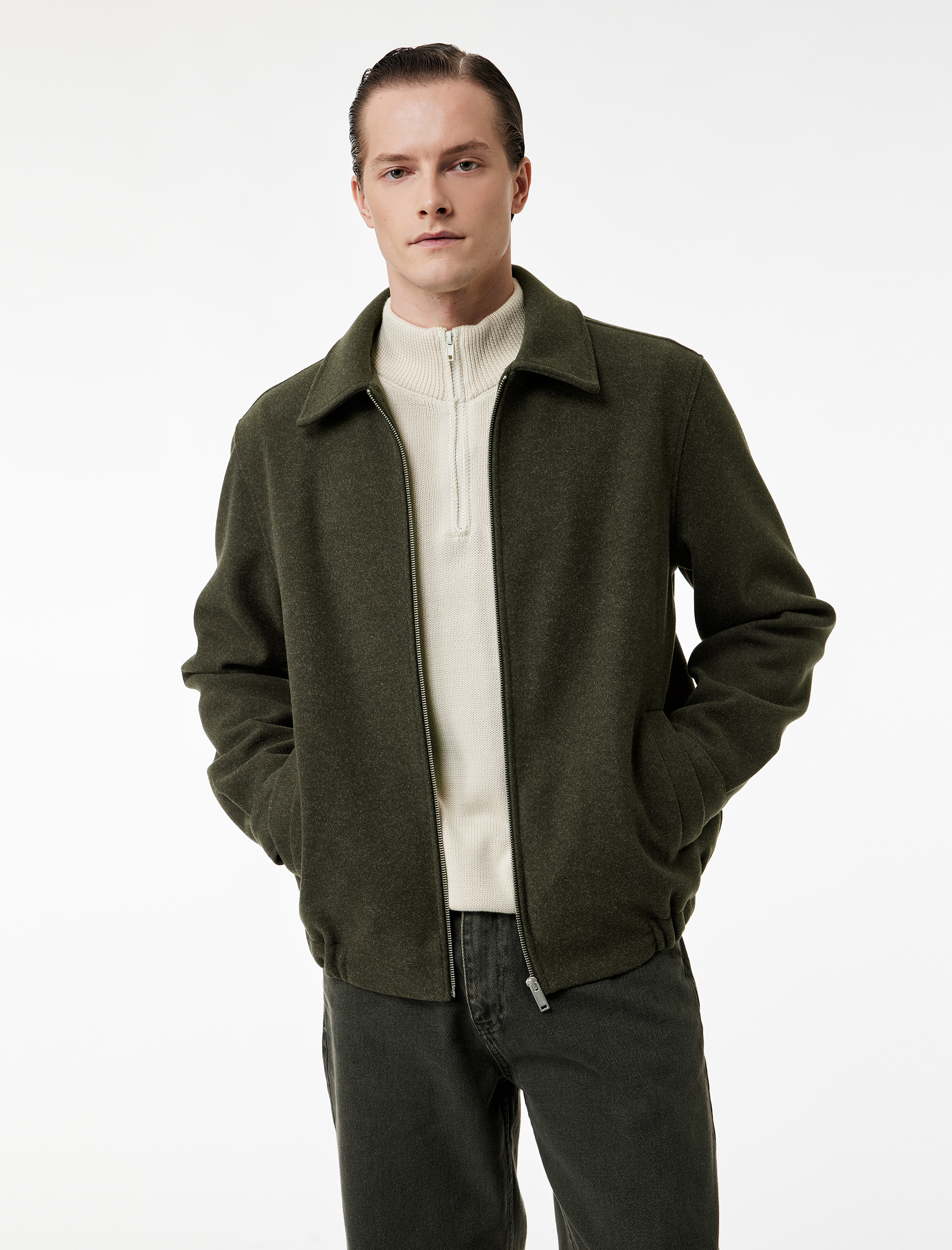   Regular Fit Cepli Gömlek Yaka Fermuarlı Kaşe Ceket