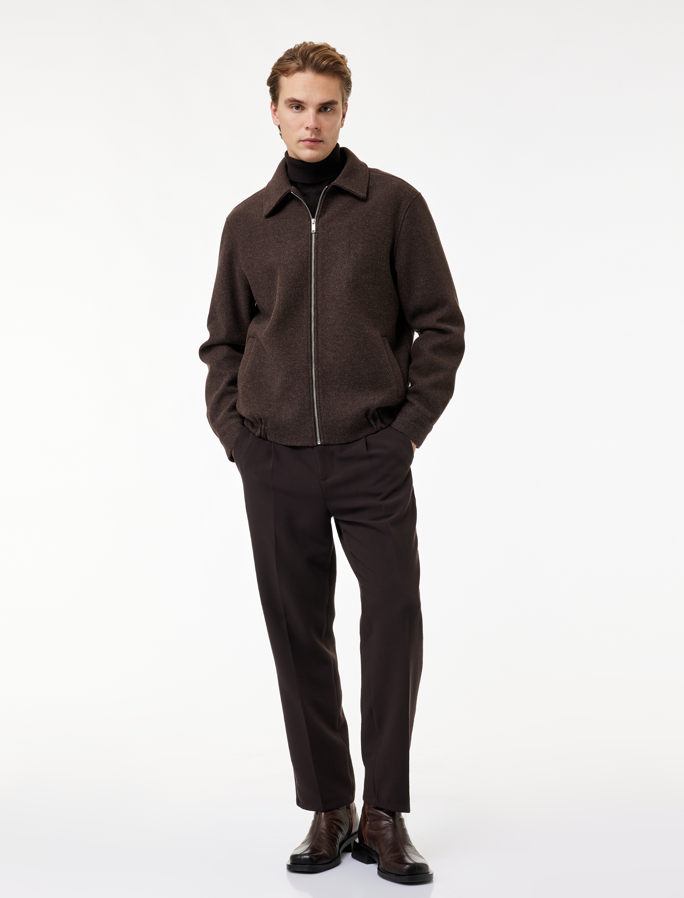   Regular Fit Cepli Gömlek Yaka Fermuarlı Kaşe Ceket