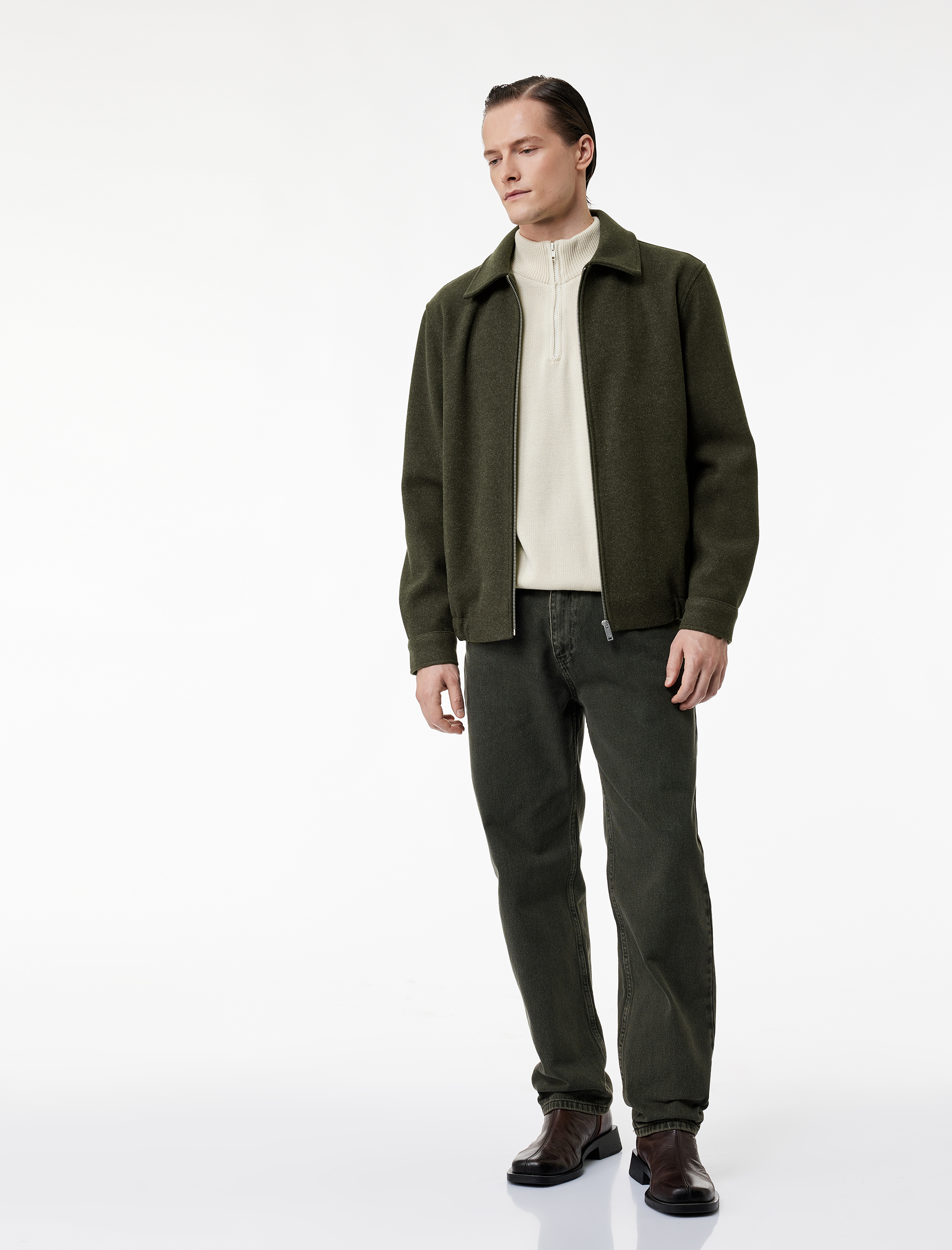   Regular Fit Cepli Gömlek Yaka Fermuarlı Kaşe Ceket