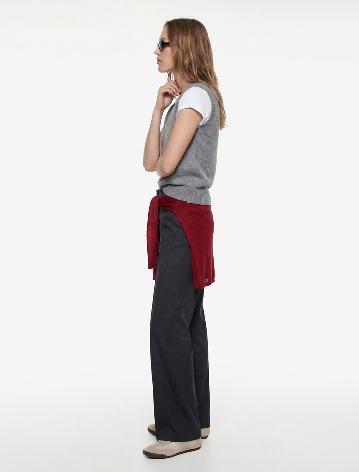  Yüksek Bel Yırtmaç Detaylı Slim Fit Geniş Paça Pantolon