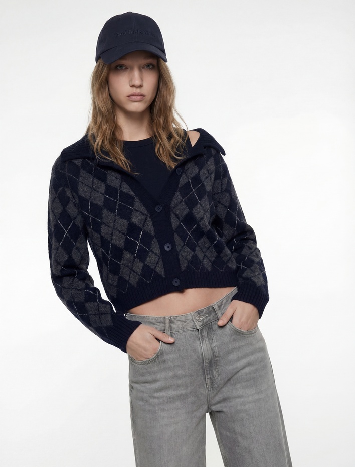  Uzun Kollu Düğmeli Polo Yaka Baklava Desenli Hırka