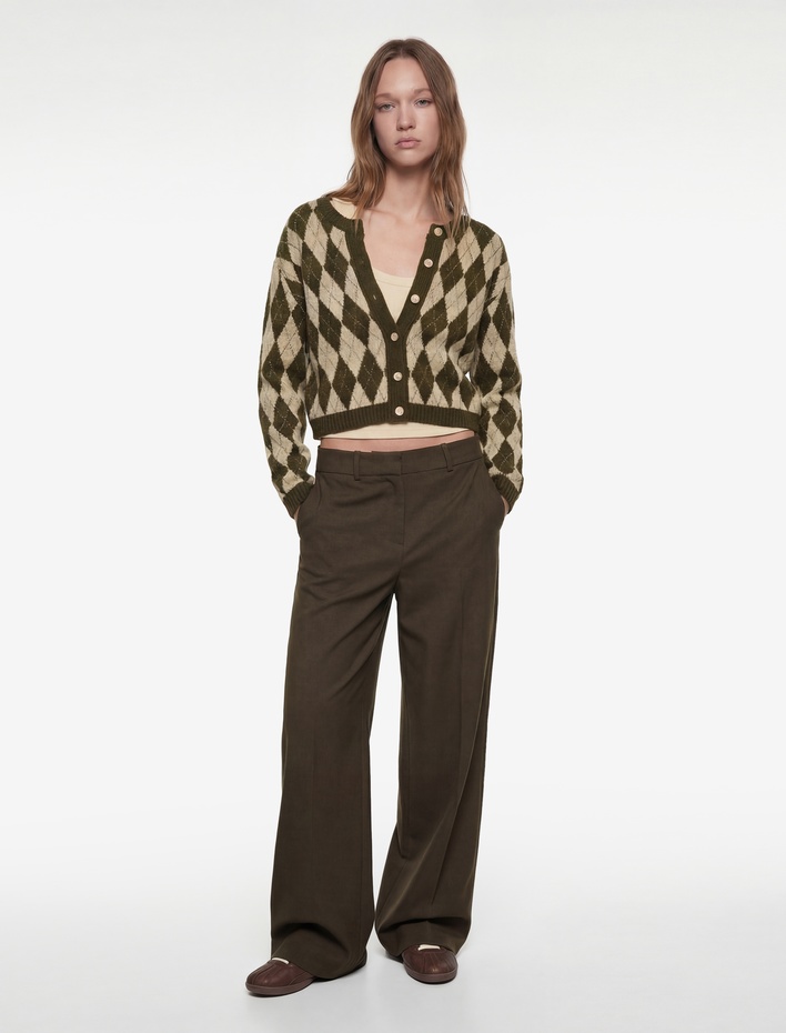  Düğmeli Uzun Kollu Bisiklet Yaka Baklava Desenli Triko Hırka