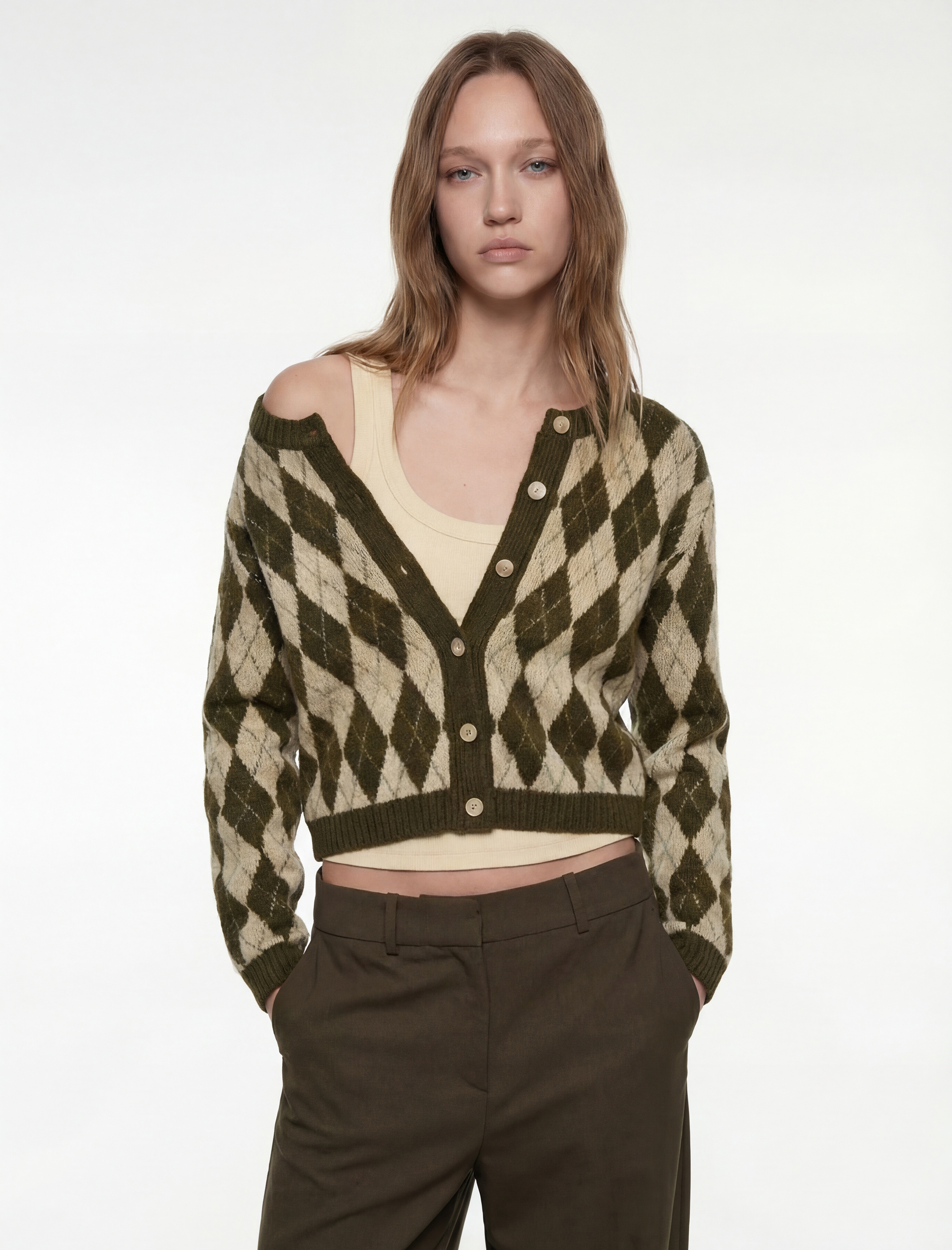   Düğmeli Uzun Kollu Bisiklet Yaka Baklava Desenli Triko Hırka