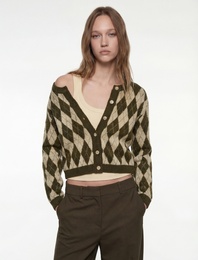 Düğmeli Uzun Kollu Bisiklet Yaka Baklava Desenli Triko Hırka