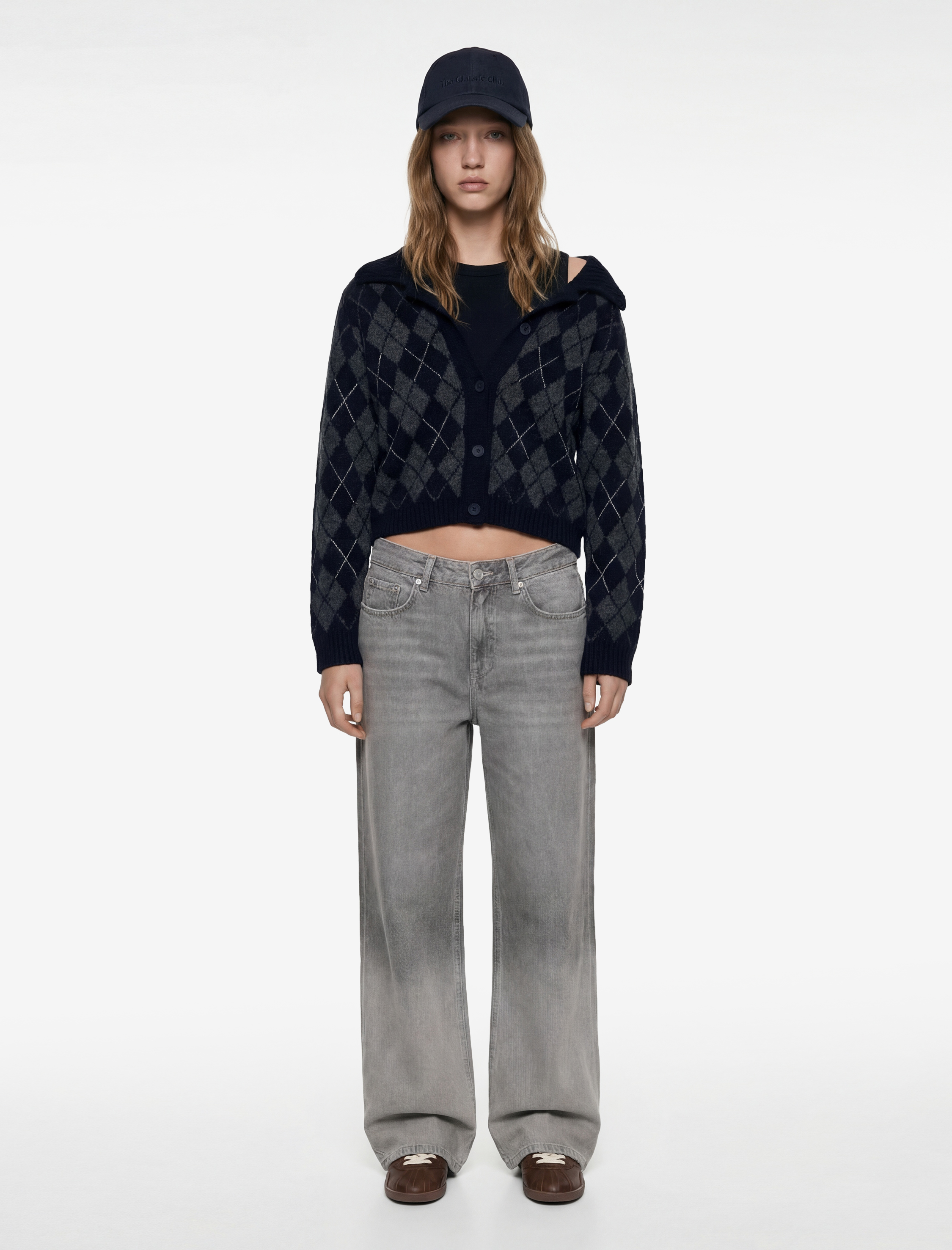   Uzun Kollu Düğmeli Polo Yaka Baklava Desenli Hırka