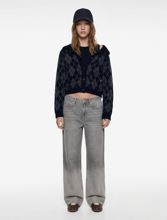  Uzun Kollu Düğmeli Polo Yaka Baklava Desenli Hırka