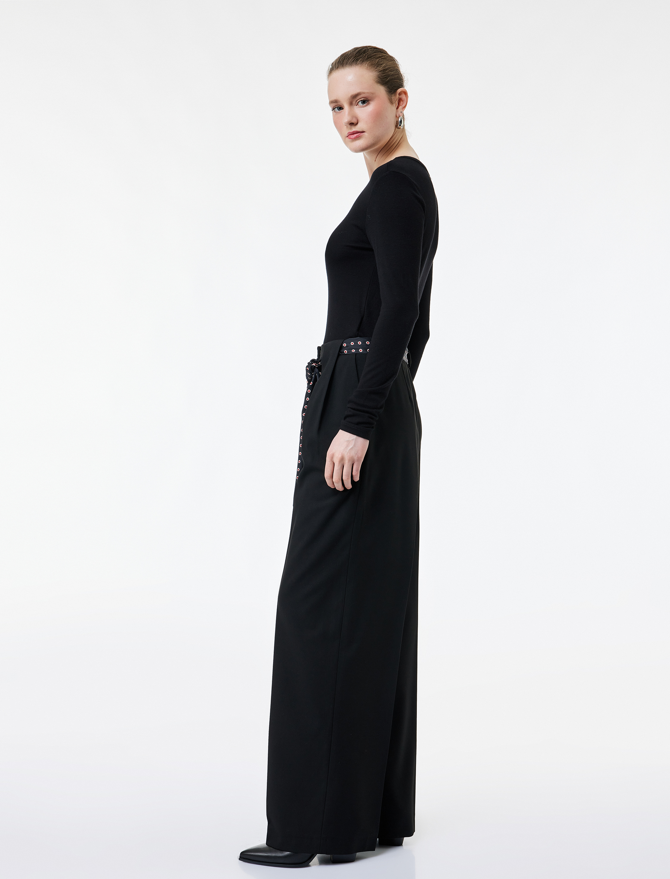   Cepli Desenli Kuşak Detaylı Düz Geniş Paça Palazzo Pantolon