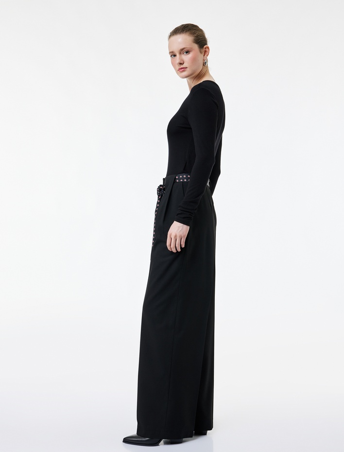  Cepli Desenli Kuşak Detaylı Düz Geniş Paça Palazzo Pantolon