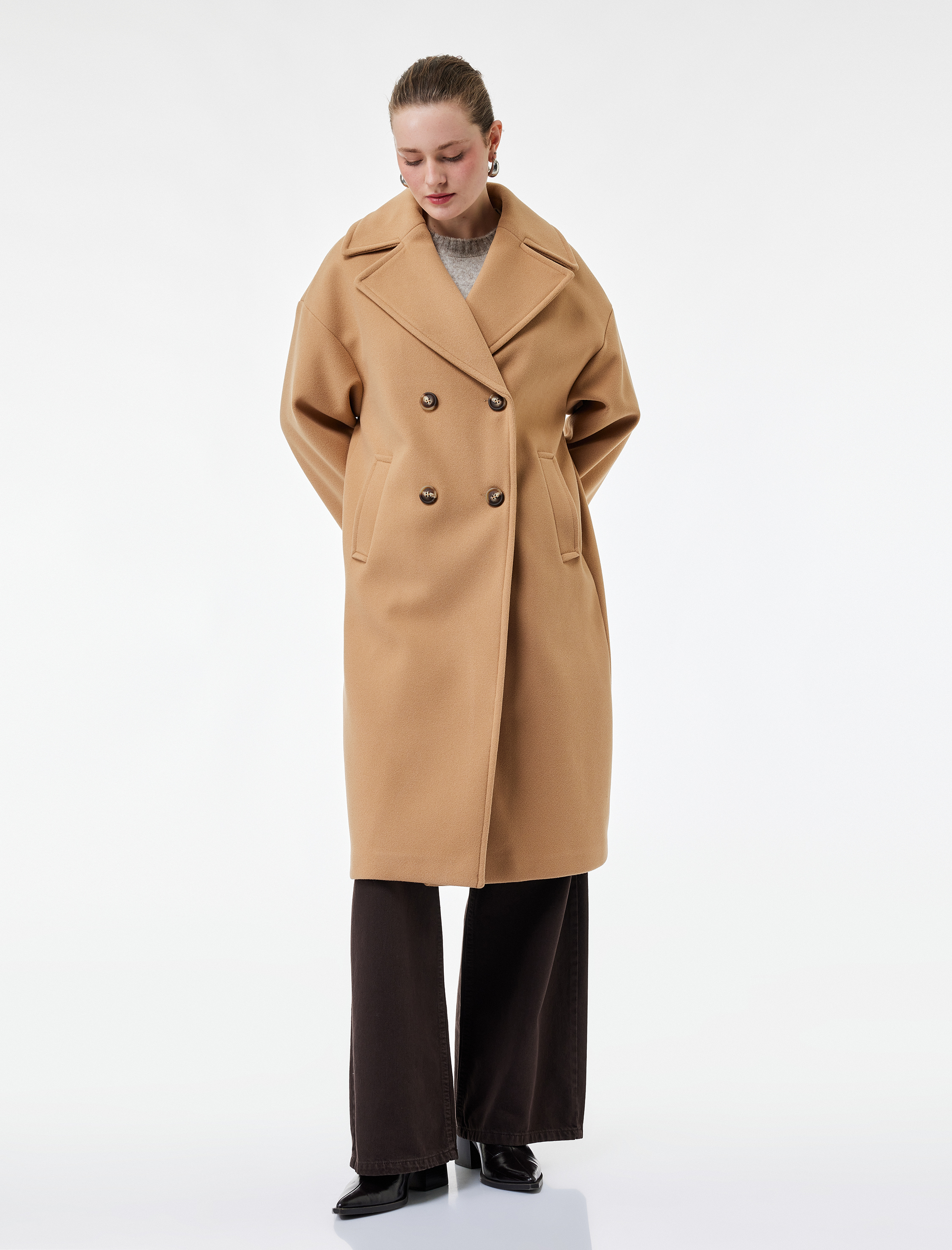   Cepli Uzun Kollu Düğmeli Kruvaze Uzun Kaşe Kaban