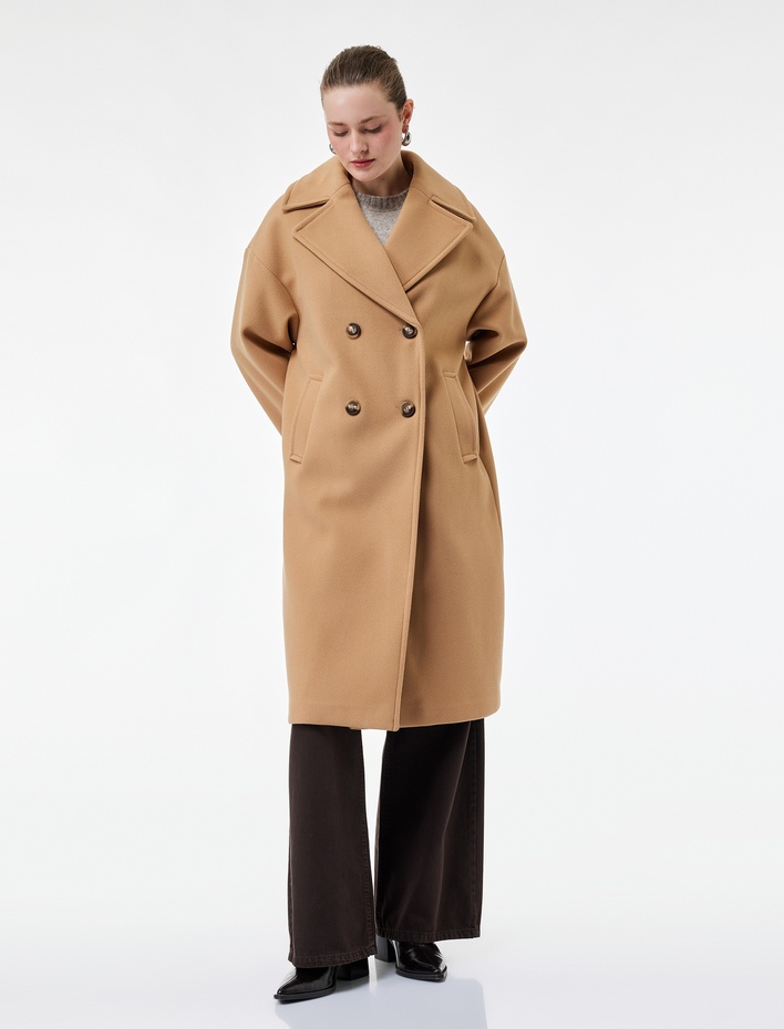  Cepli Uzun Kollu Düğmeli Kruvaze Uzun Kaşe Kaban