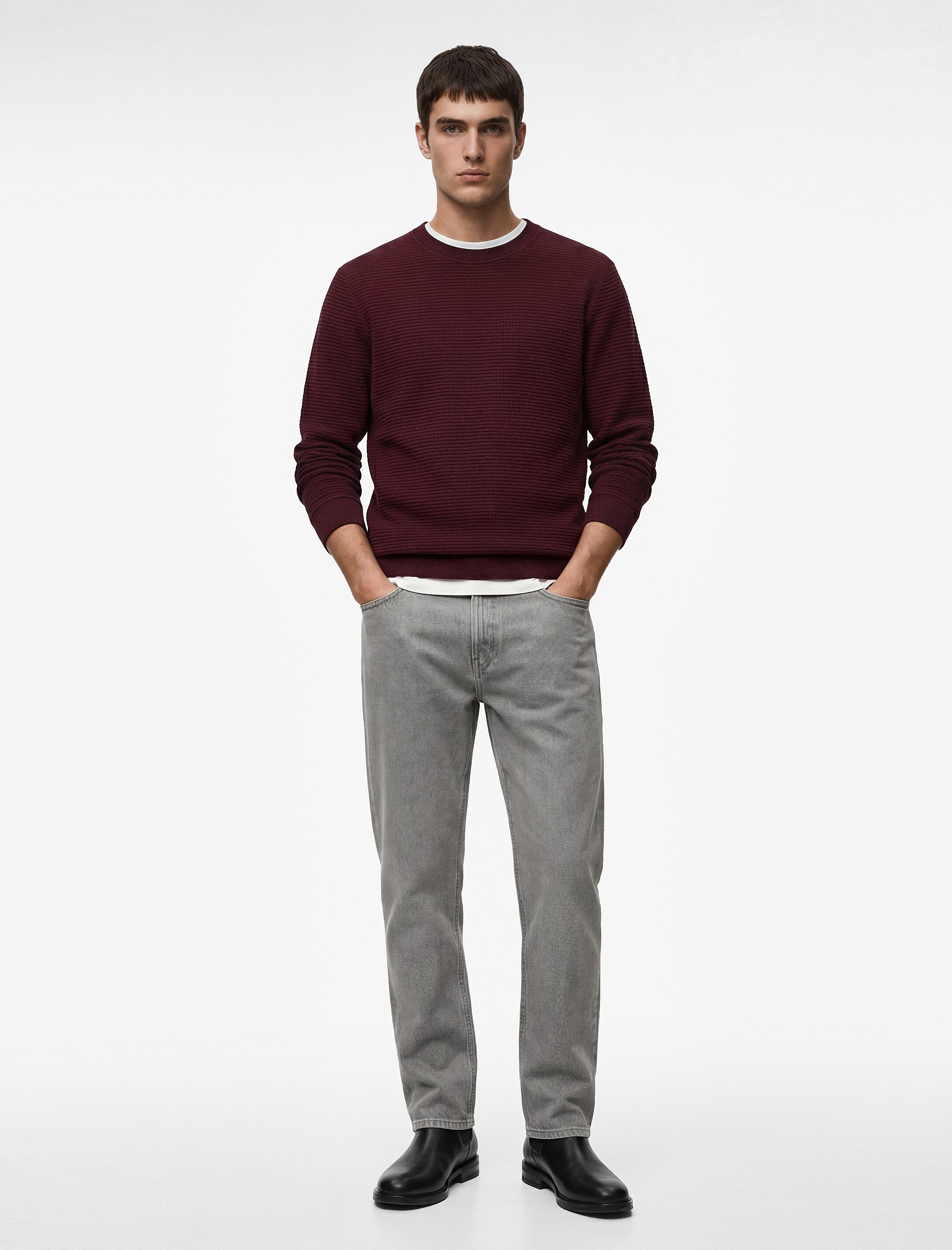   Regular Fit Uzun Kollu Dokulu Bisiklet Yaka Sweatshirt