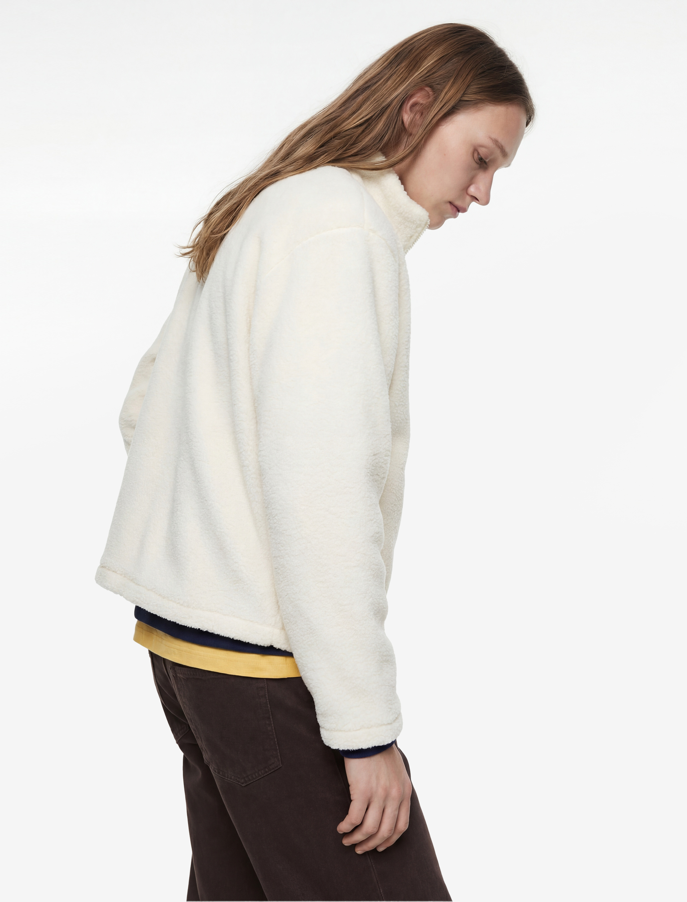   Dik Yaka Fermuarlı Cep Detaylı Oversize Peluş Ceket