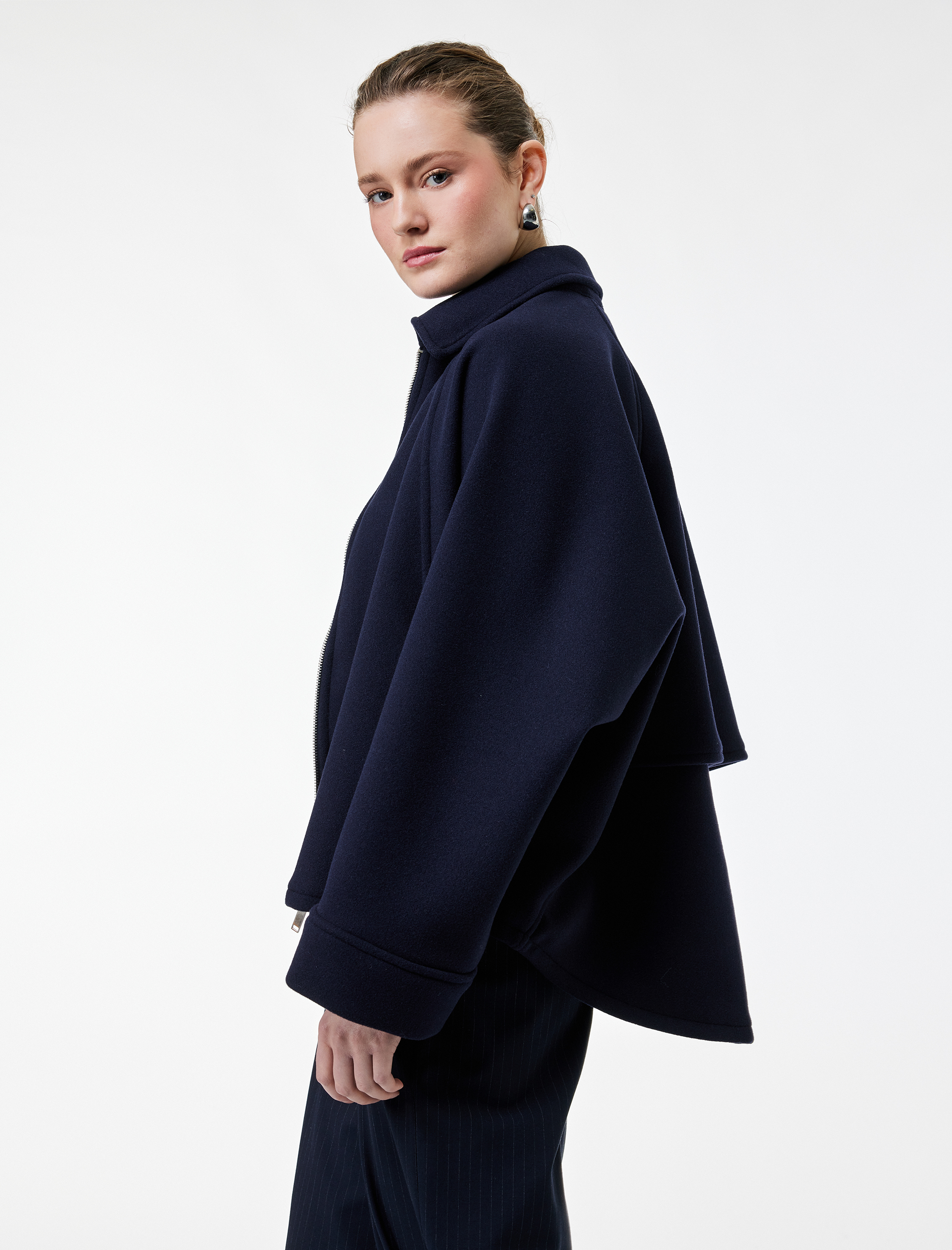   Uzun Kollu Fermuarlı Oversize Kaşe Ceket