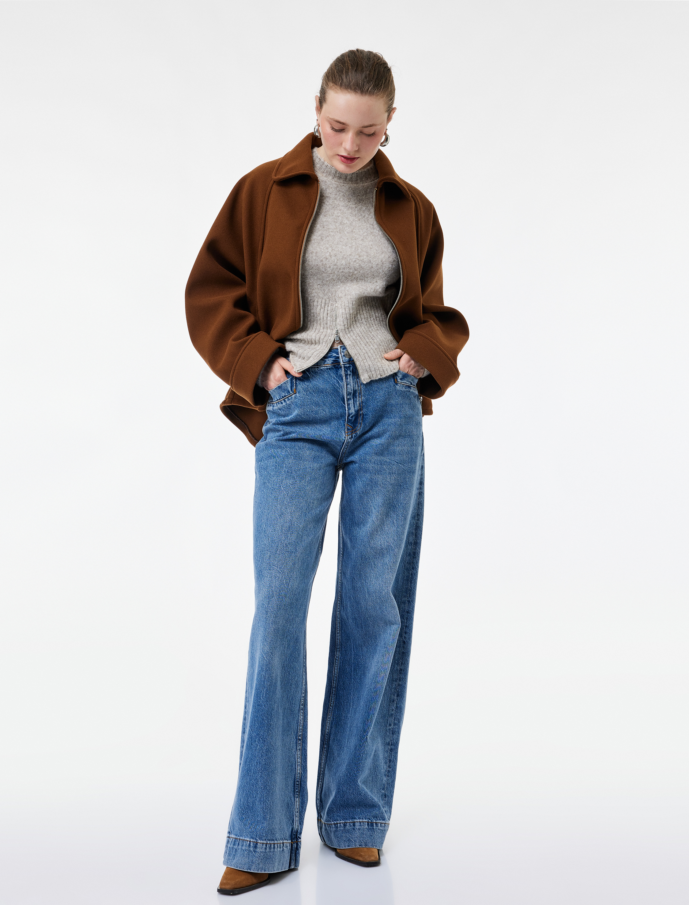   Uzun Kollu Fermuarlı Oversize Kaşe Ceket