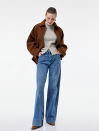 Uzun Kollu Fermuarlı Oversize Kaşe Ceket