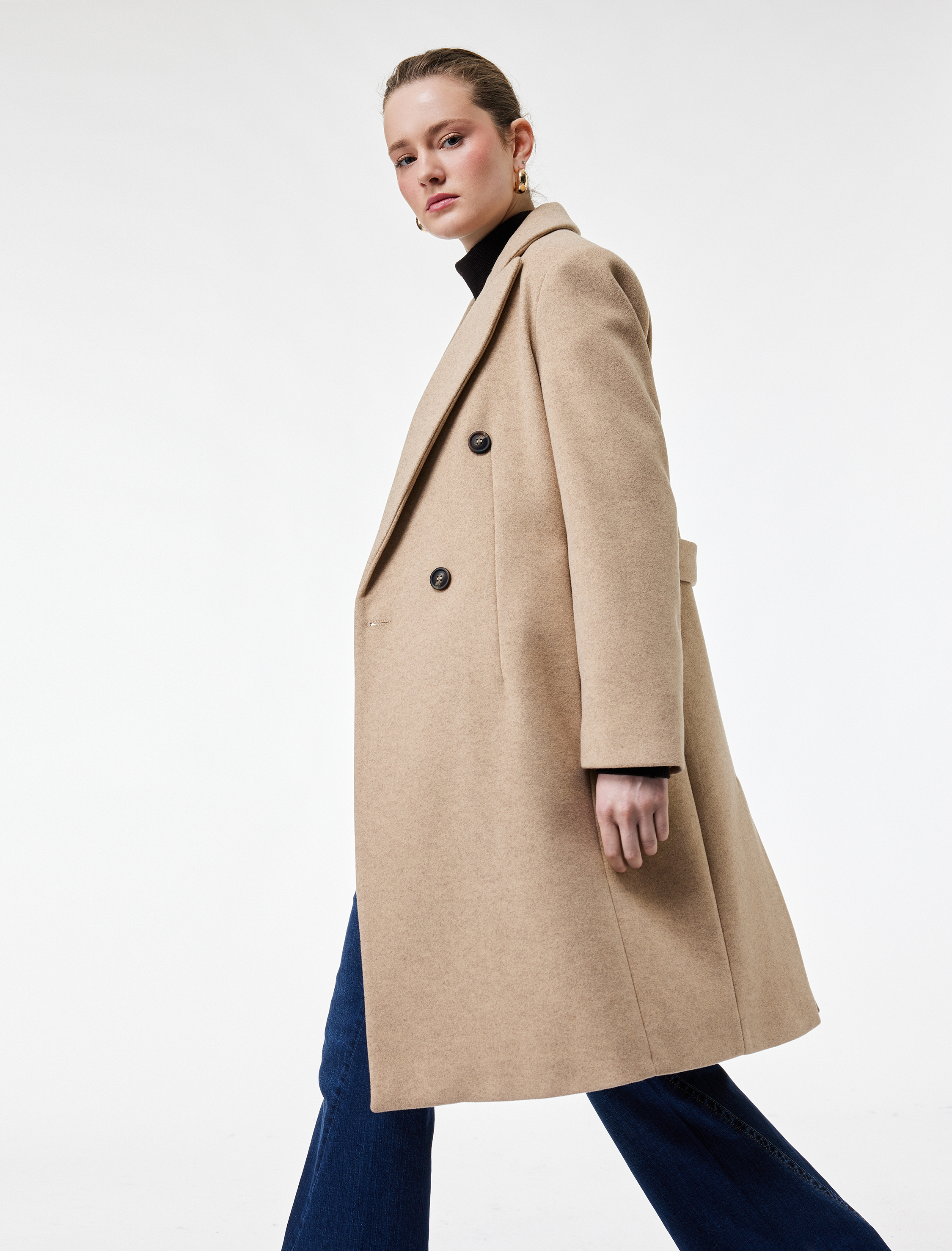   Cepli Uzun Kollu Kruvaze Düğmeli Kaşe Kaban