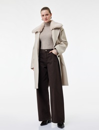 Çıkarılabilir Suni Kürk Yaka Kaban Oversize Kaşe Uzun Kollu Cepli Düğmeli