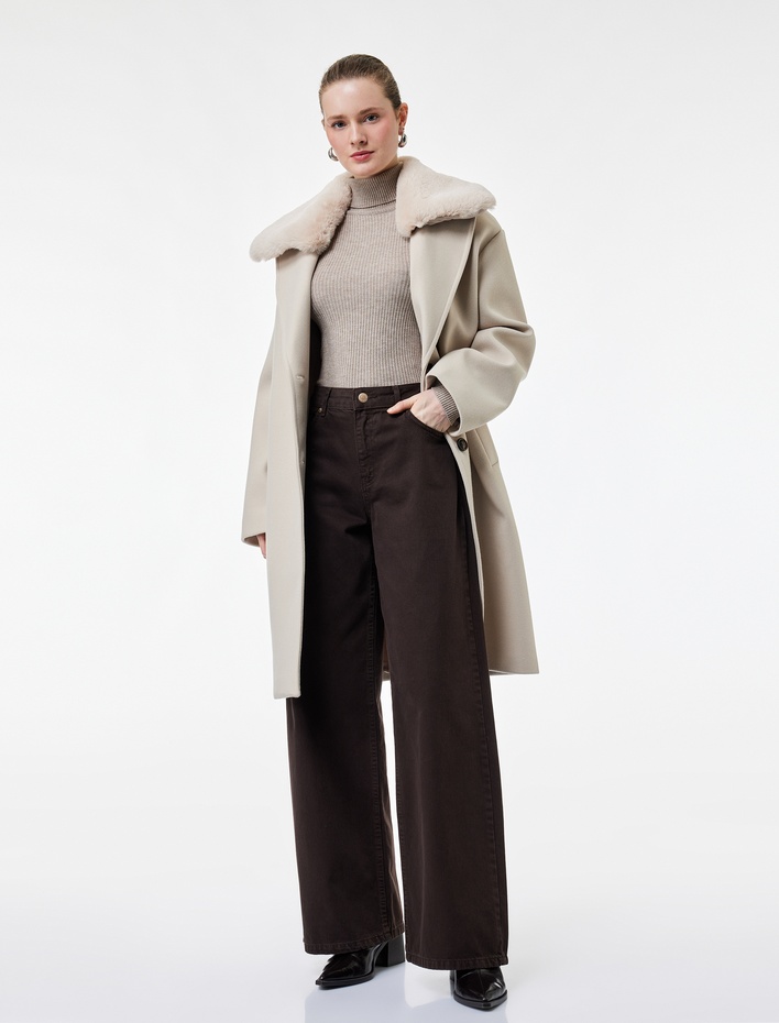  Çıkarılabilir Suni Kürk Yaka Kaban Oversize Kaşe Uzun Kollu Cepli Düğmeli