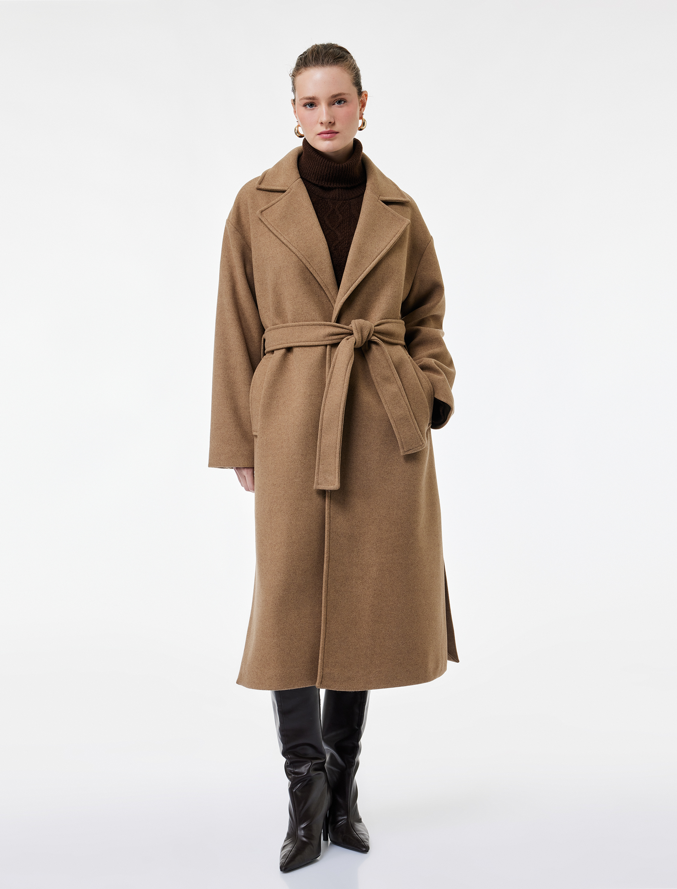   Kemerli Uzun Kaşe Kaban Cepli Uzun Kollu