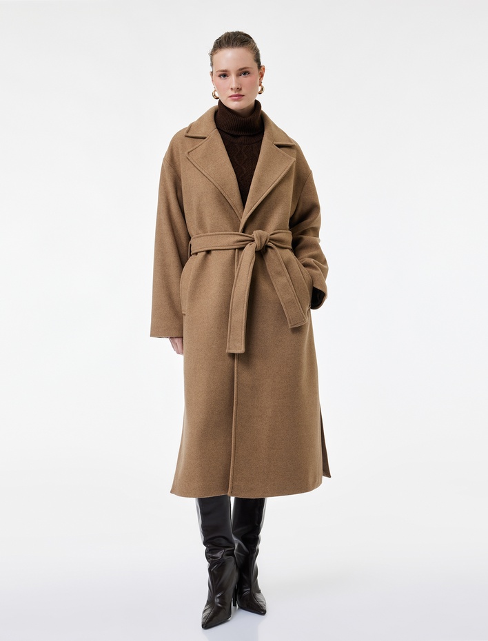  Kemerli Uzun Kaşe Kaban Cepli Uzun Kollu