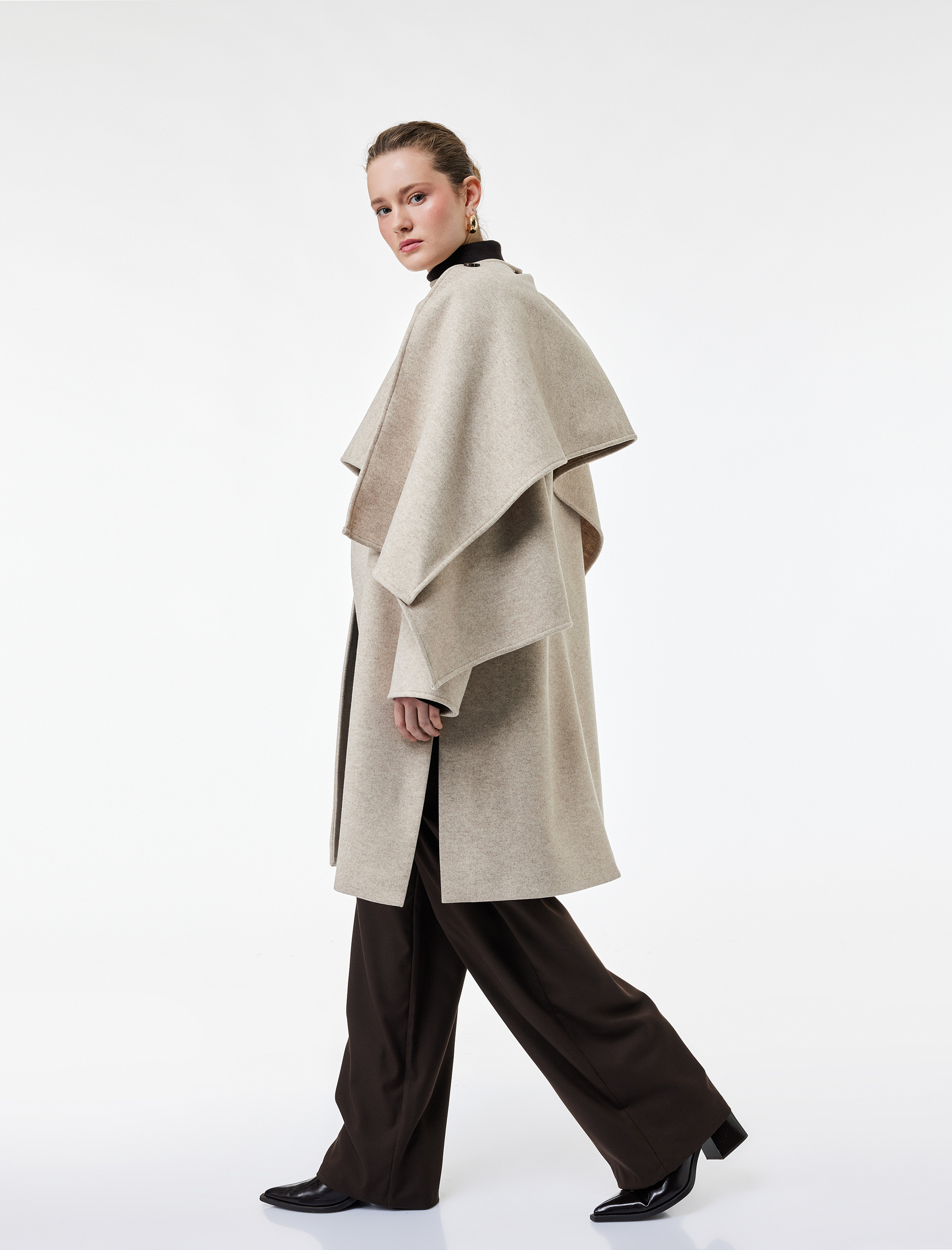   Atkılı Oversize Kaban Kaşe Uzun Kollu Düğmeli Cepli