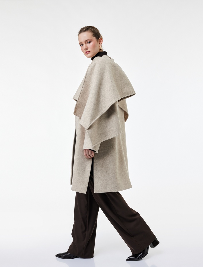  Atkılı Oversize Kaban Kaşe Uzun Kollu Düğmeli Cepli