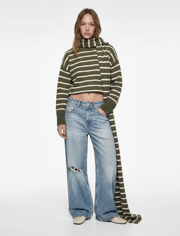  Uzun Kollu Bisiklet Yaka Çizgili Triko Kazak